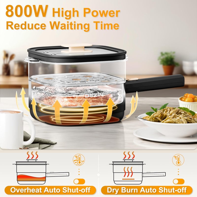 DEZIN 2L Electric Hot Pot with Steamer, Rapid 800W Non-Stick Ceramic Coating Dorm Cooking Pot, Plug in Electric Pan Cooker with Adjustable Power for College Hotel Office(Silicone Spatula Included) - Image 4